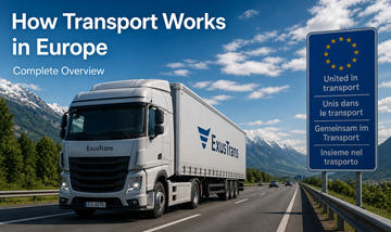Lastbiltransport på tværs af Europas motorveje, logistik og godsflytning mellem EU-lande, moderne forsyningskæde